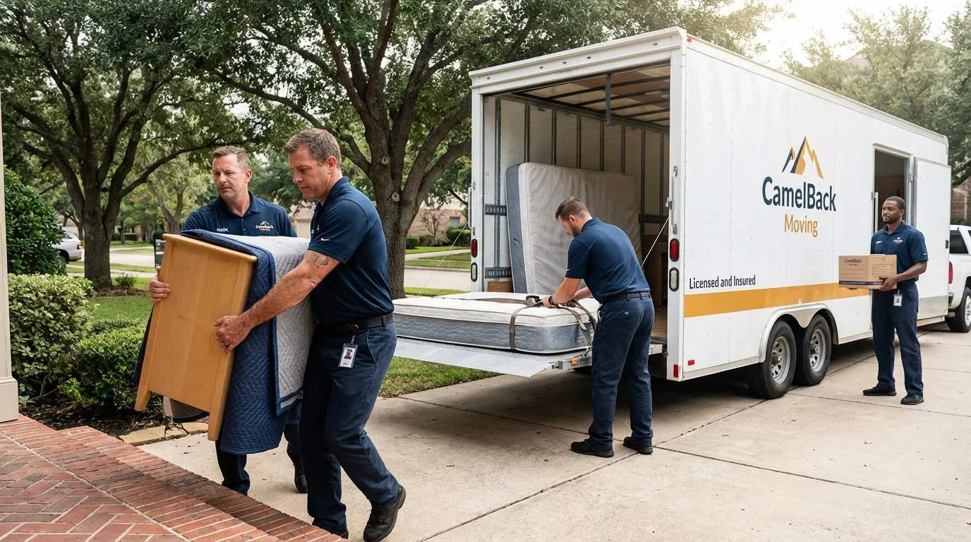 Crew loading residential truck for cross-state move from Farmersburg, IN