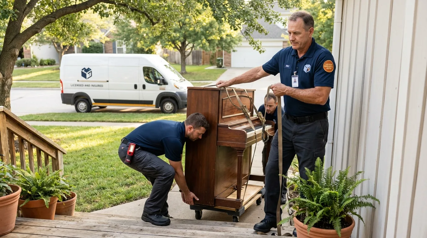 Licensed piano movers securing grand piano in Farmersburg, IN