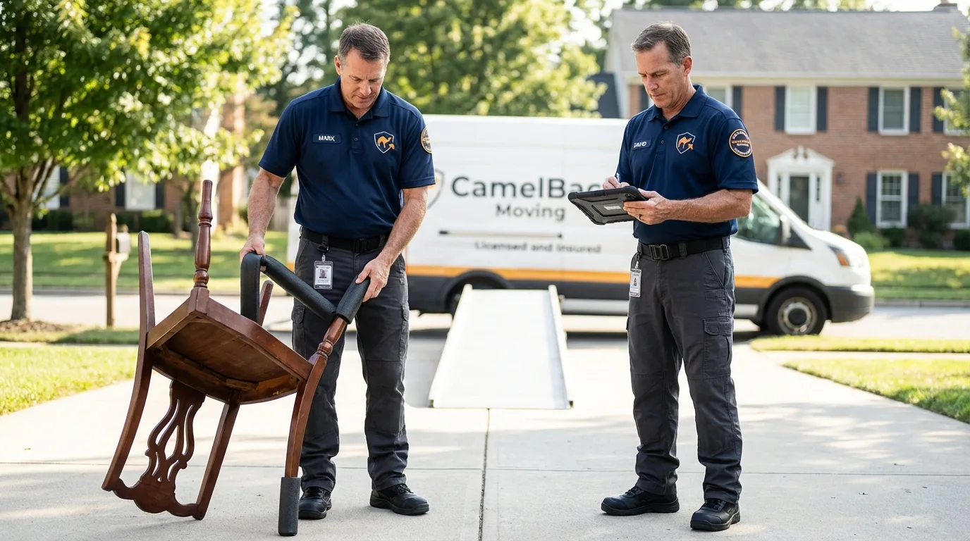Movers inspecting furniture for damage prevention before loading in Farmersburg, IN