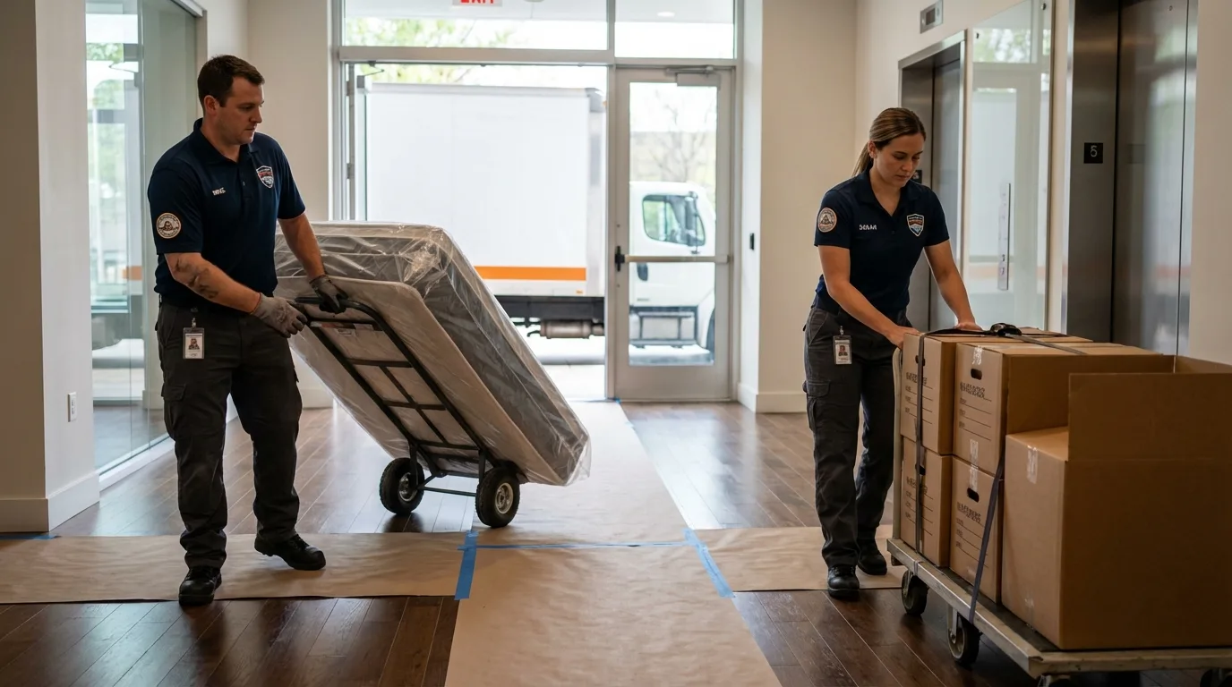 Professional apartment movers loading elevator in Farmersburg, IN