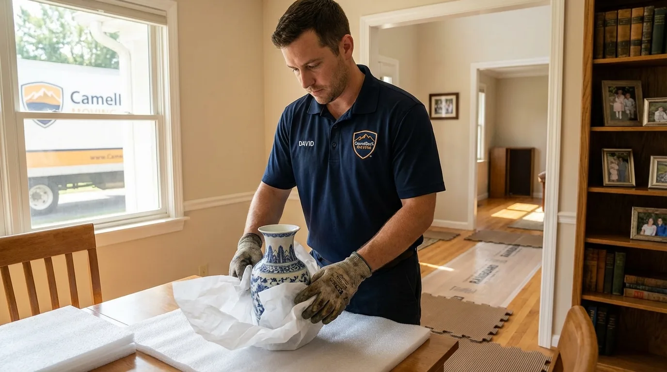 Professional crew carefully wrapping antique vase for senior downsizing move in Farmersburg, IN