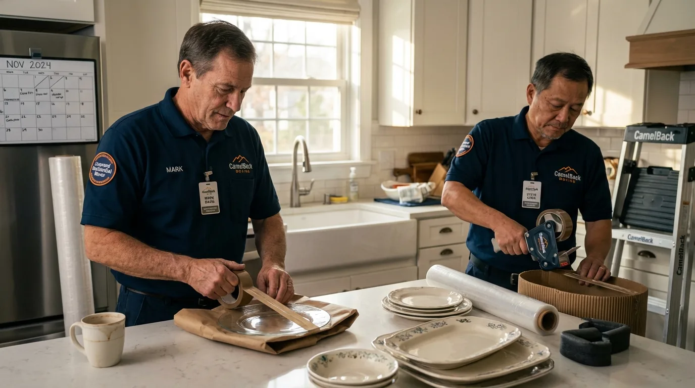 Professional crew packing kitchen dishware in Farmersburg, IN